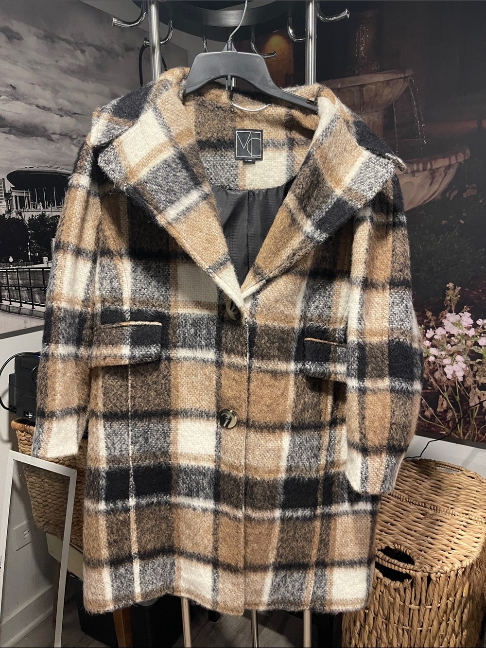 MC Plaid Wool Coat - Beige, Cream, Black